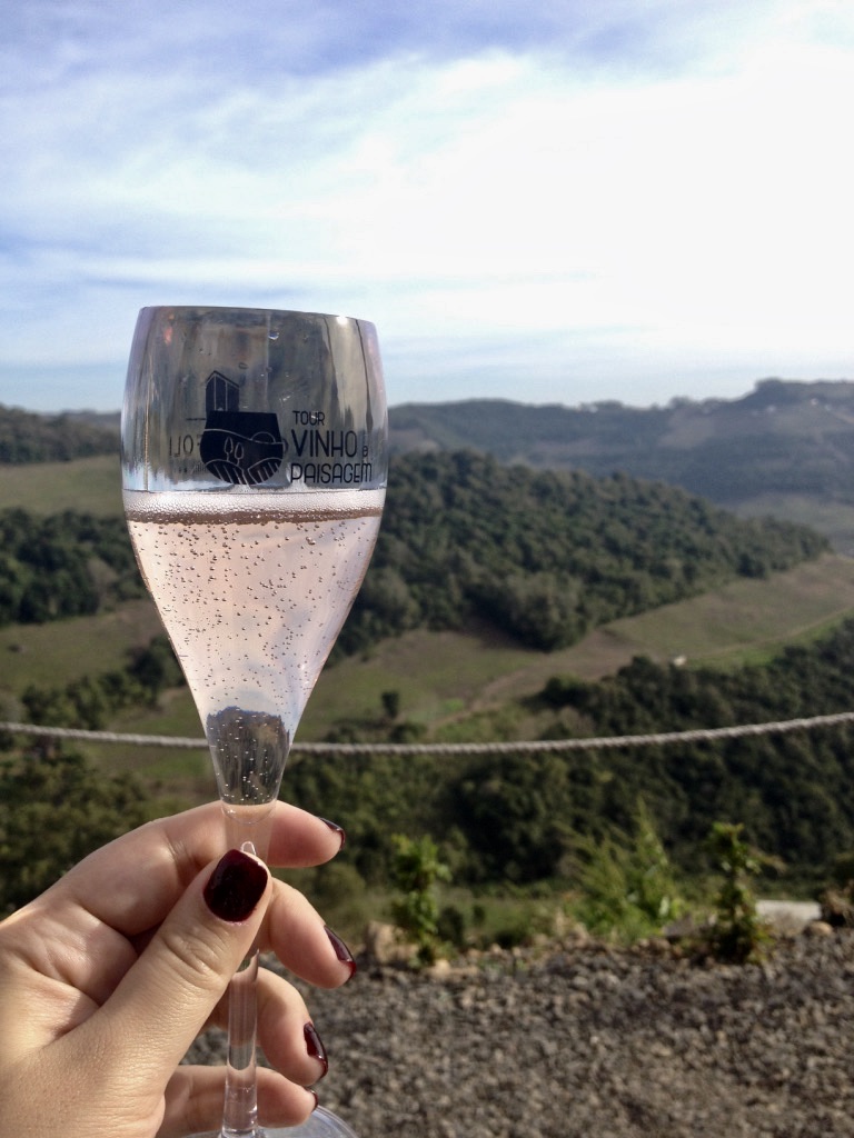 foto de uma taça de espumante tour vinho e paisagem na vinícola Cristofoli em Bento Gonçalves vinícolas na serra gaúcha